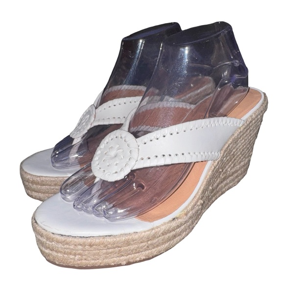 Jack Rogers Whipstitch Espadrille Wedge Sandals White Leather Thong Size 9 - Picture 2 of 9